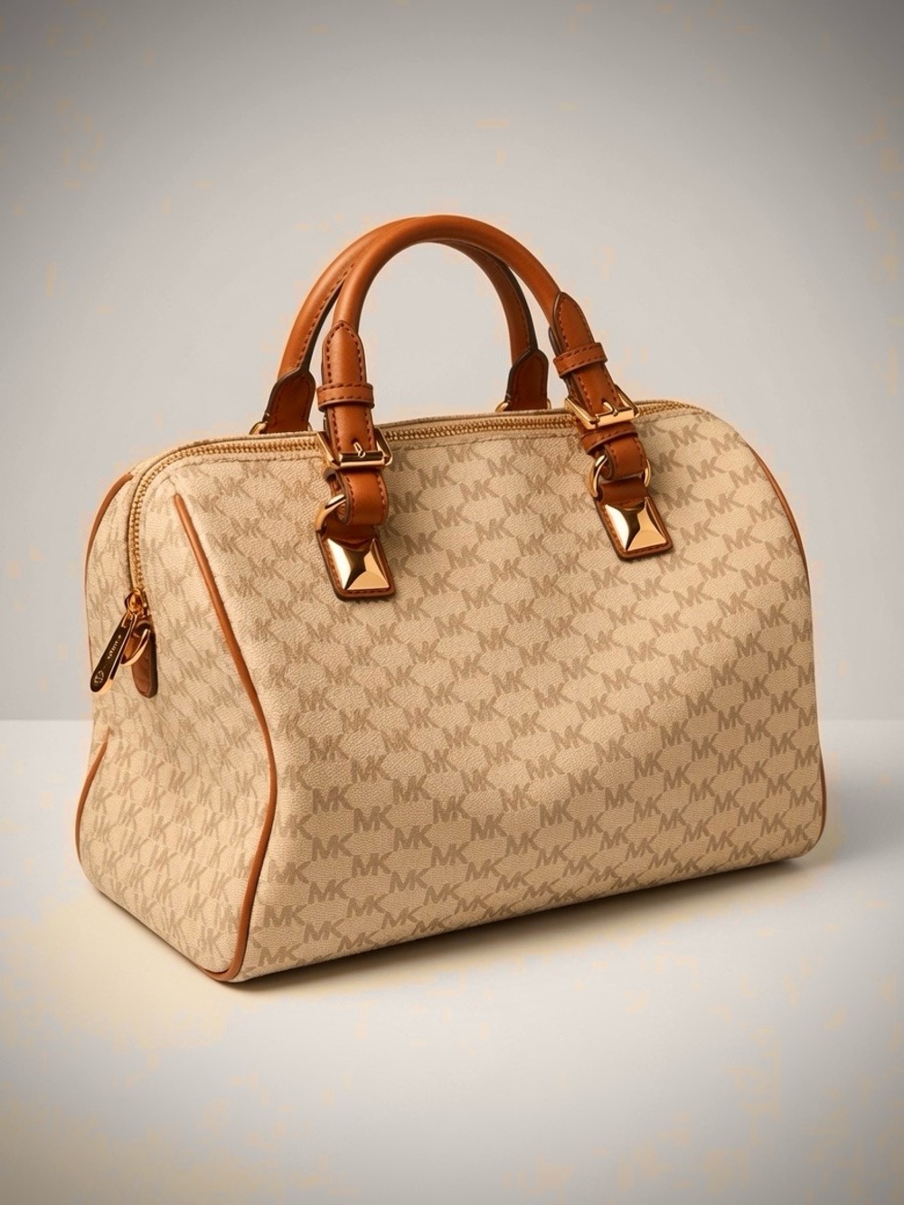 NWT Michael Kors Boston Bag Signature MK Monogram Tan Leather Trim